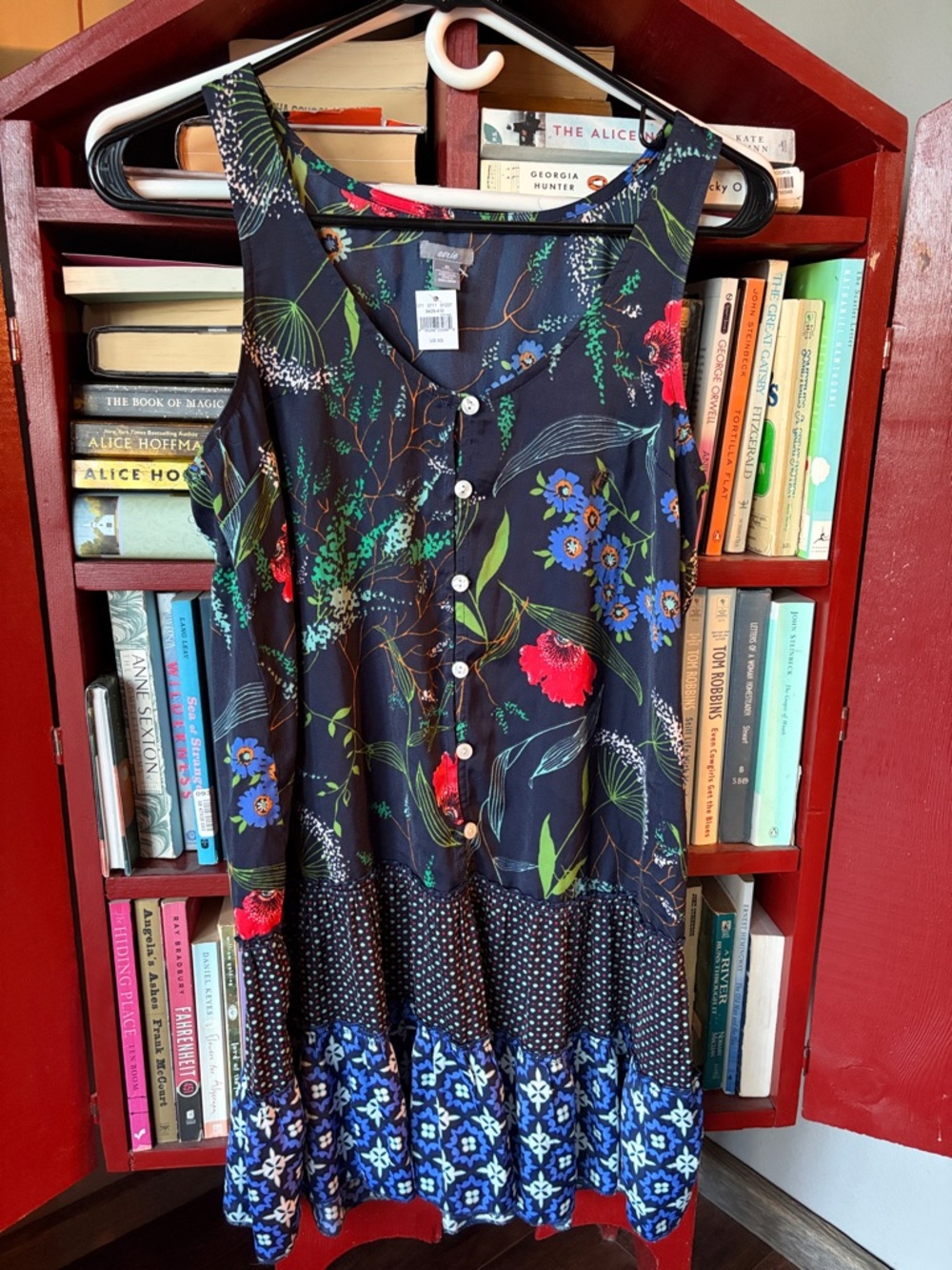 aerie Black Floral Button-Front Chemise with Blue & Red Accents